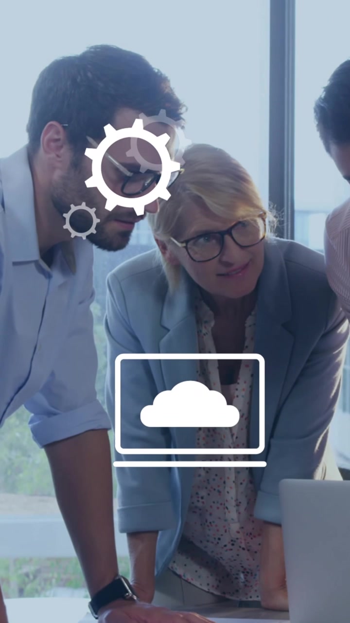 Business Team Collaborating in Modern Office with Digital Technology Overlays
