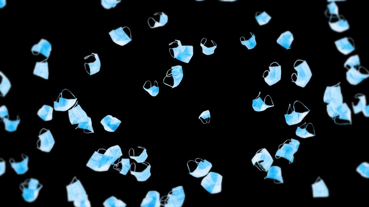 volando muchas máscaras azules sobre fondo negro. concepto médico. máscaras de protección quirúrgicas. animación 3d de la máscara giratoria. animación de bucle.