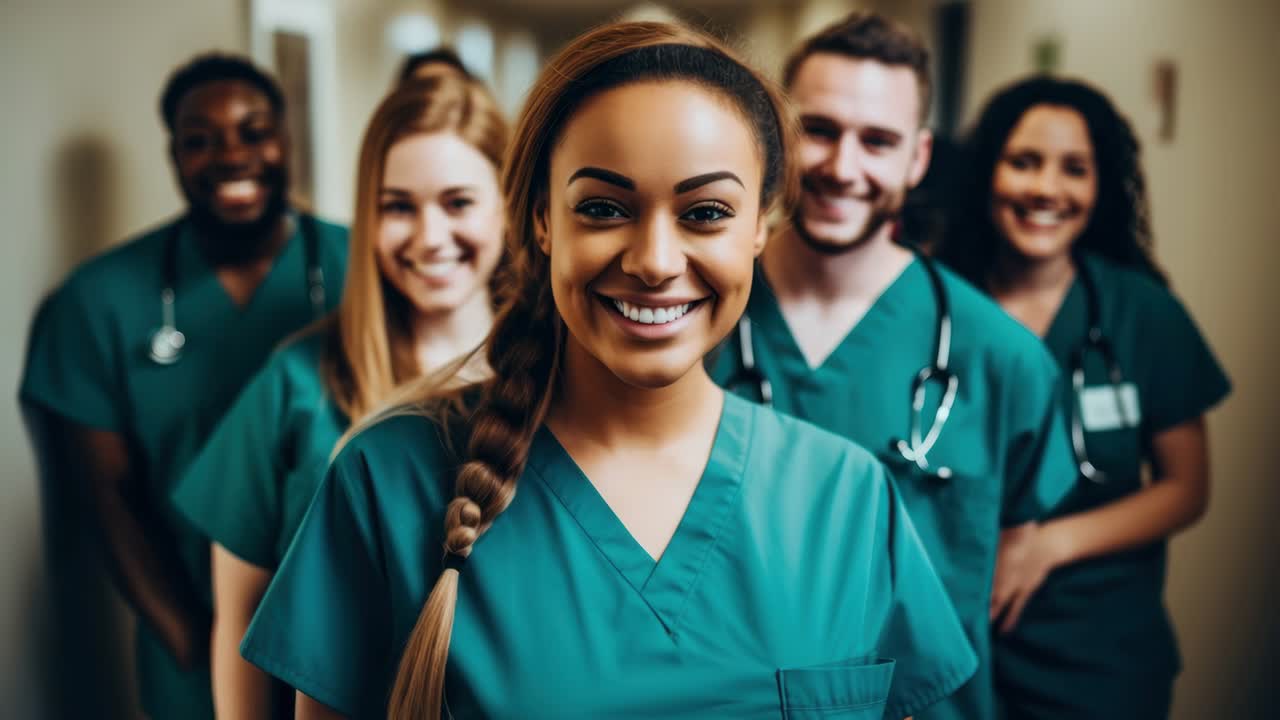 A group of smiling healthcare professionals in scrubs, captured from a low-angle