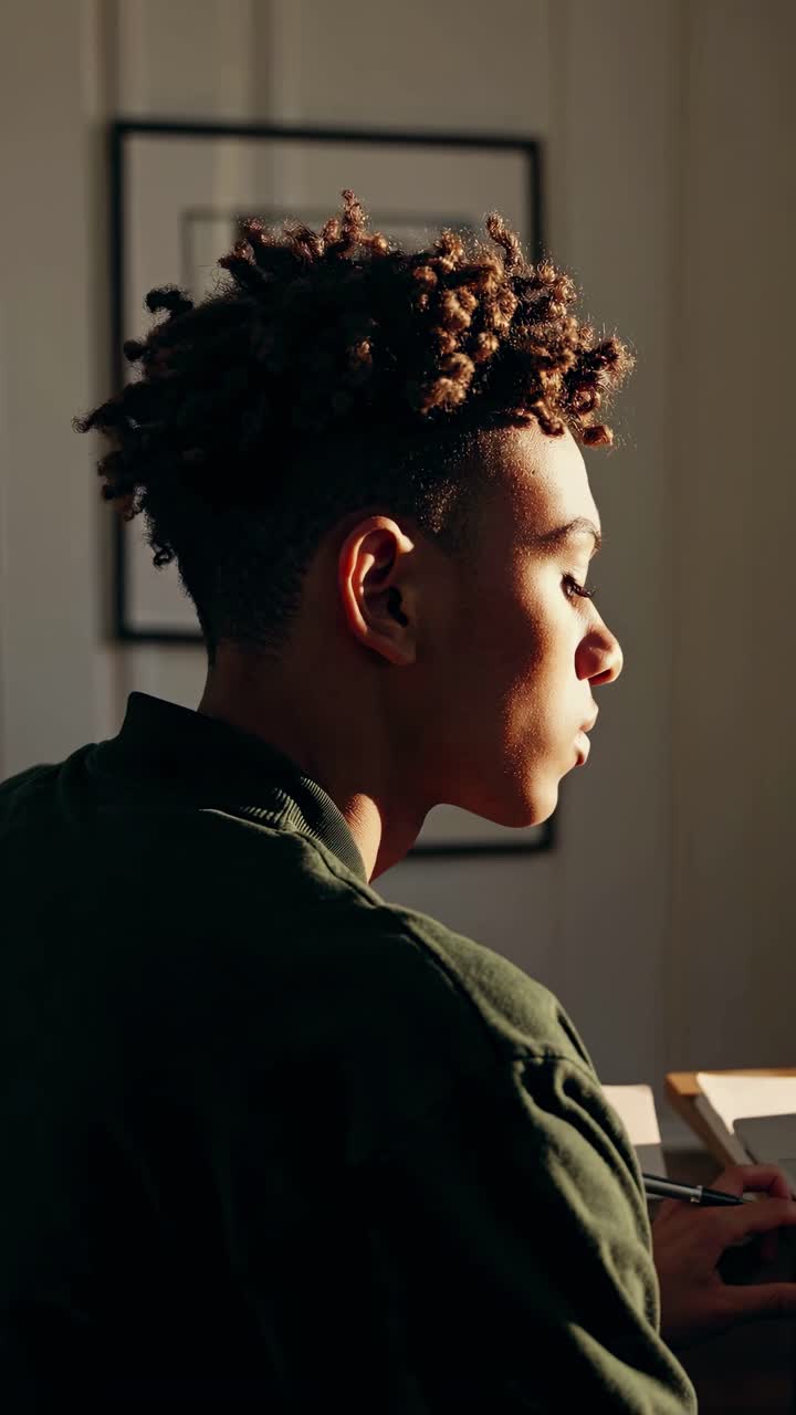 Side profile of a person in warm lighting, focused on a laptop