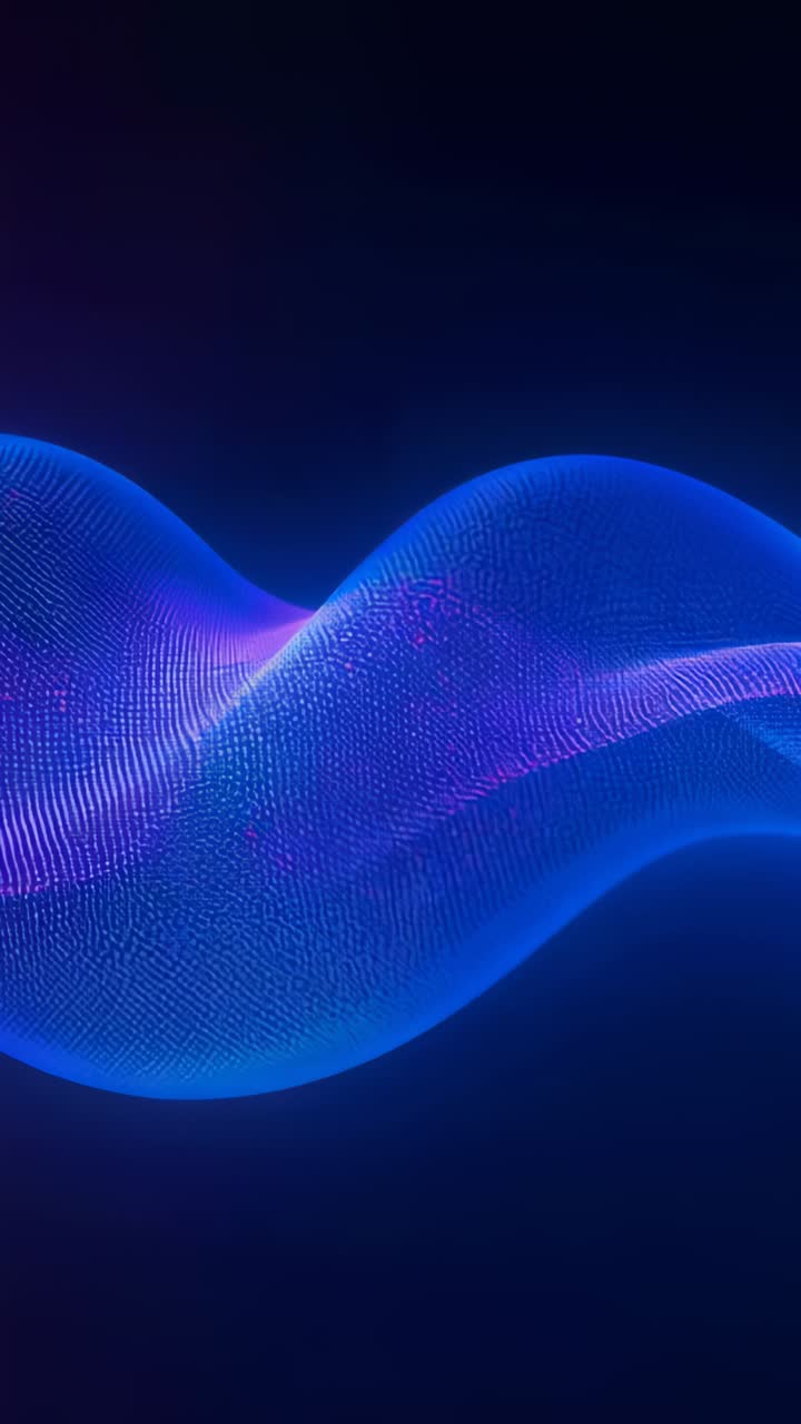 Vertical video: Animating mesh neon ribbon on dark screen on start, shifting hues, simulating audio