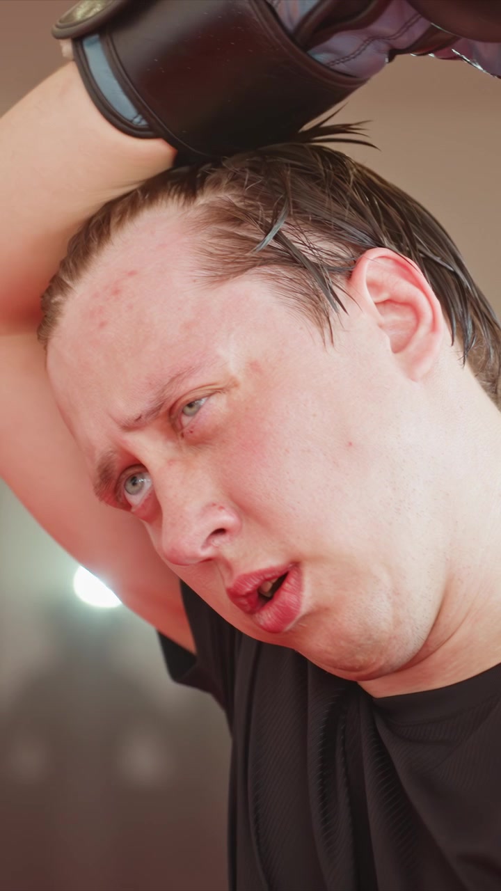 Close up of young man with wet hair and black shirt looking. His expression changes subtly as man interacts briefly. Background is neutral with blurred shapes suggesting furniture