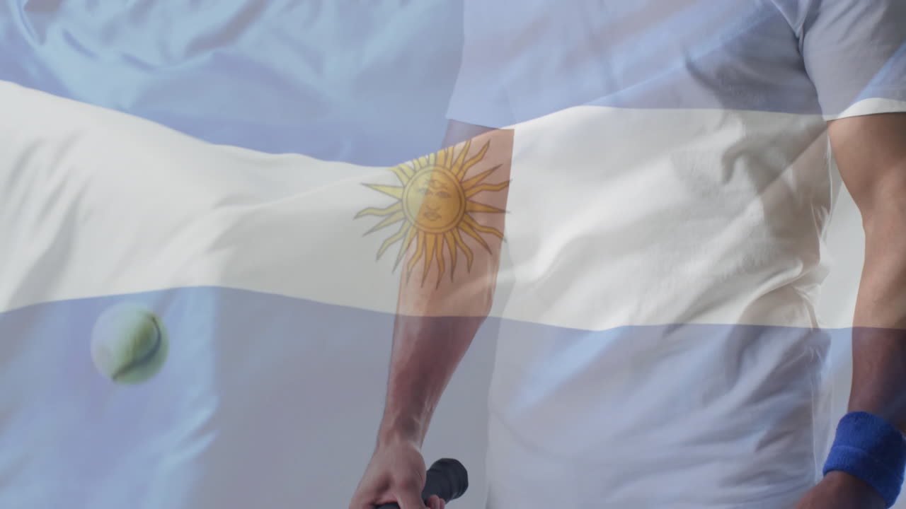 animación de la bandera de argentina sobre el jugador de tenis caucásico