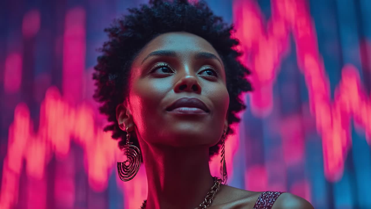 Ritratto affascinante di una donna su uno sfondo astratto vivace, caratterizzato da luci e onde colorate, che incarna sicurezza e serenità nella moda urbana