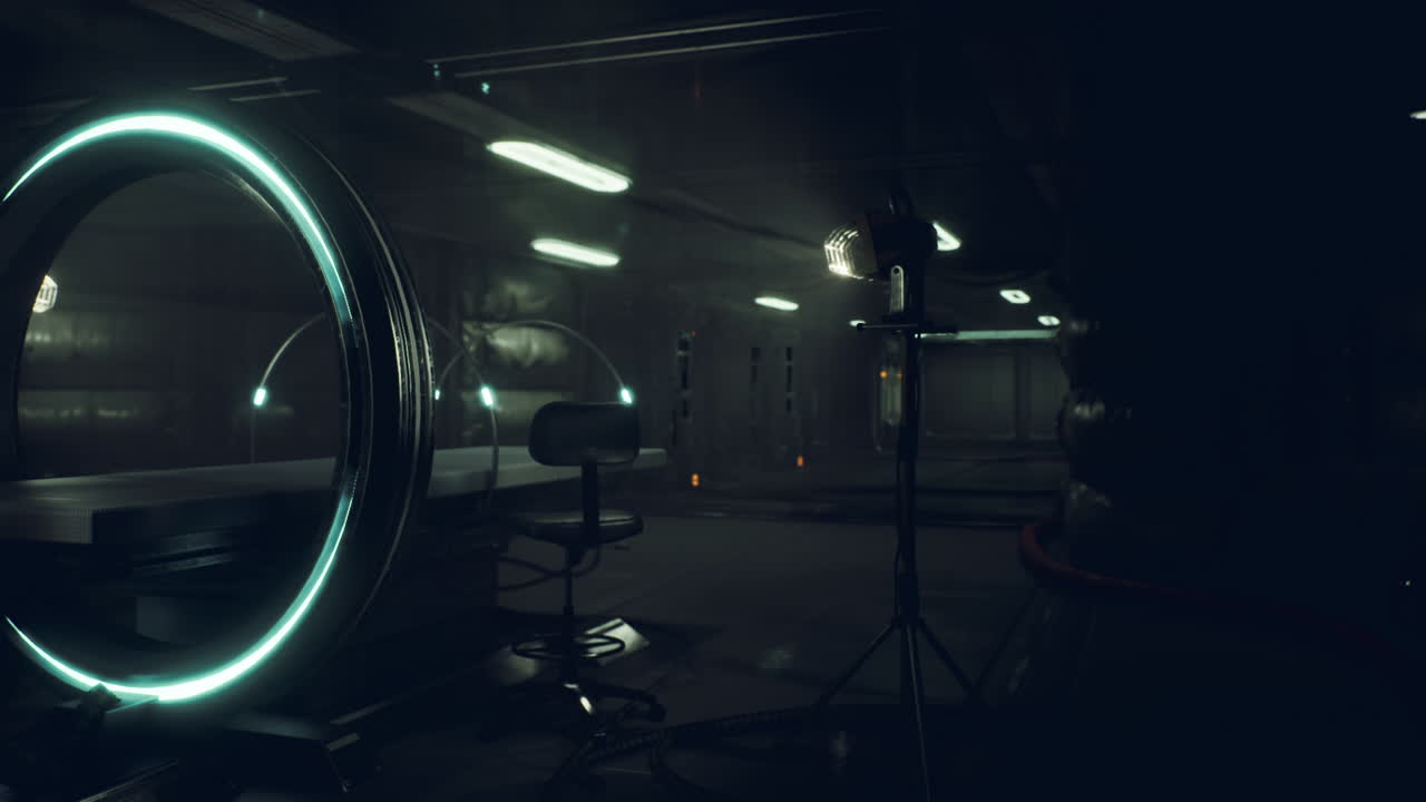 Modern laboratory with advanced equipment and dramatic lighting setup inside