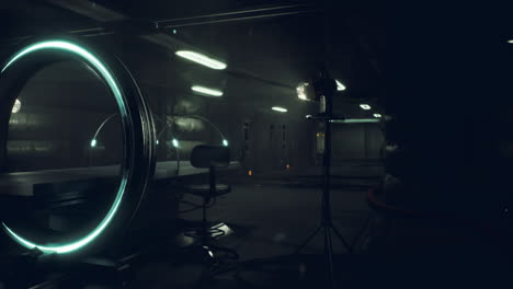 modern laboratory with advanced equipment and dramatic lighting setup inside