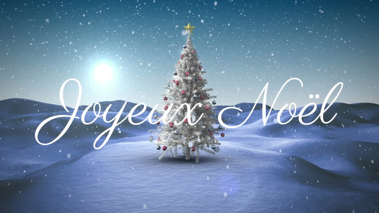 Animation of joyeux noel christmas greetings over christmas tree in winter scenery