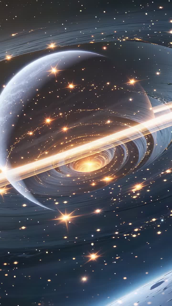 Vertical video: Camera drifting over ringed planet in space revealing accretion disk and dust