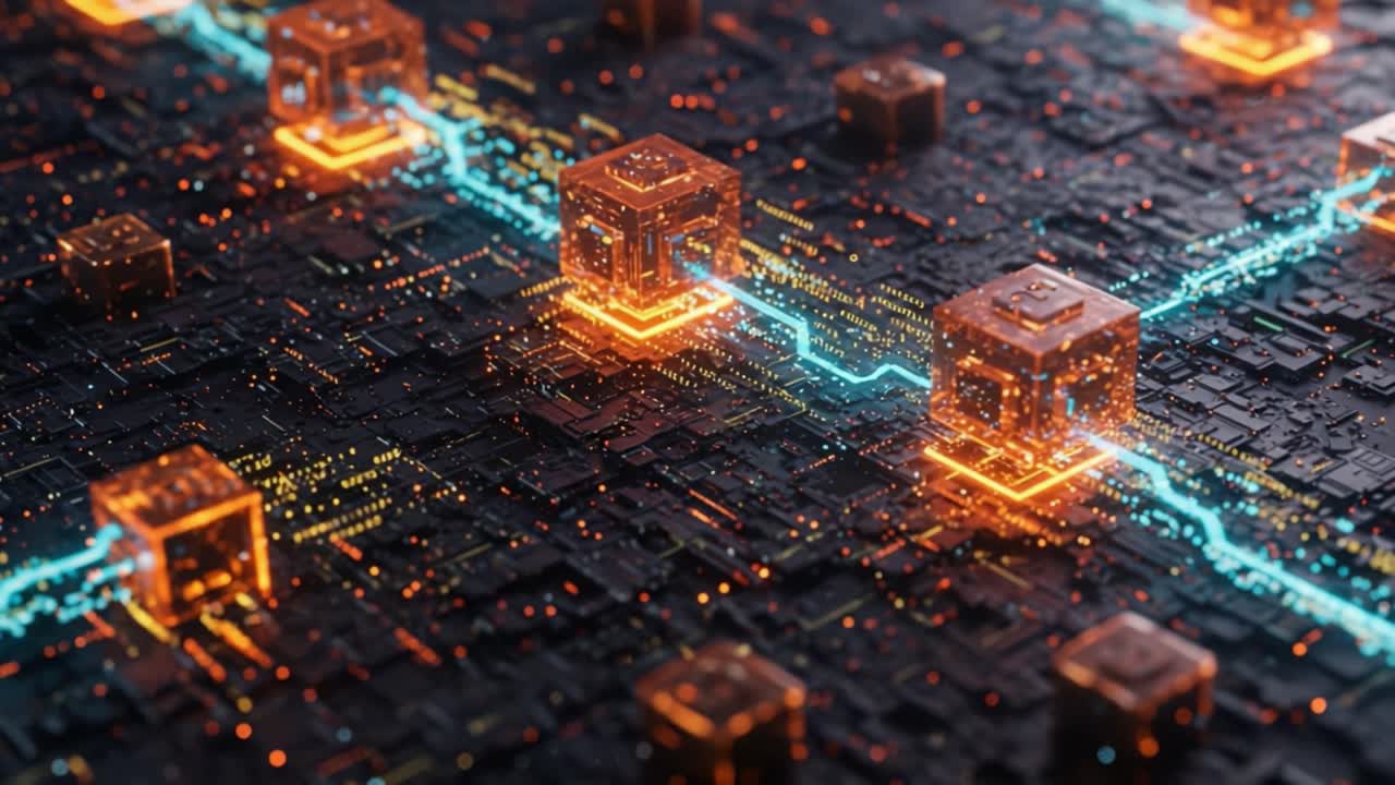 A futuristic digital landscape depicting interconnected glowing cubes and vibrant energy lines, representing advanced technology and complexities of data flow in a network system