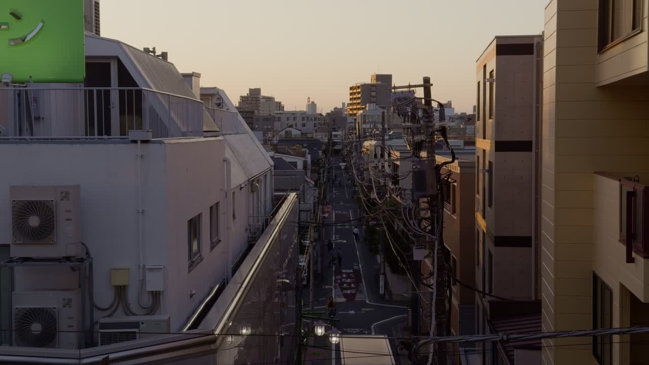 Tokyo Neighborhood at Sunset from Gakugei Daigaku Station A serene evening scene from Gakugei Daigaku, overlooking Tokyo’s warm neighborhood colors at sunset