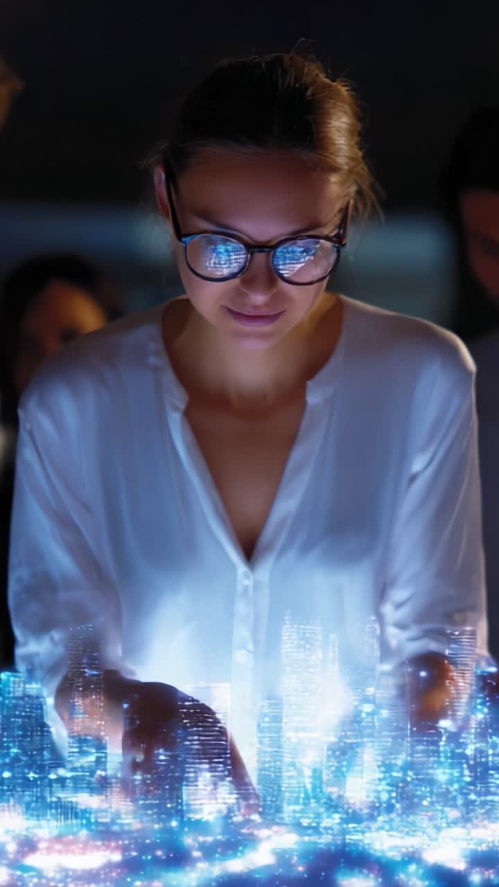 Una donna interagisce con una tecnologia futuristica mentre manipola un paesaggio urbano olografico con intensità e concentrazione, circondata da un ambiente scarsamente illuminato