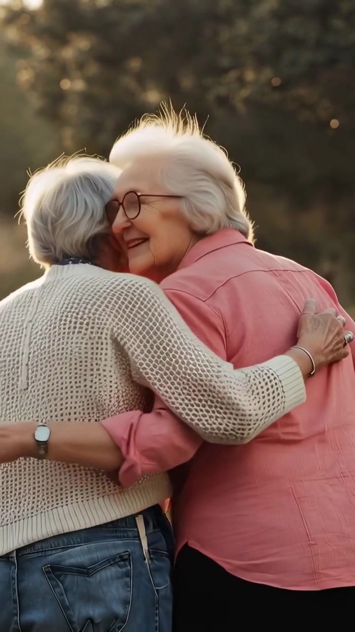 Video verticale: Due donne anziane che camminano a braccetto lungo un sentiero, illuminate da una luce dorata, con tonalità rosa e crema.