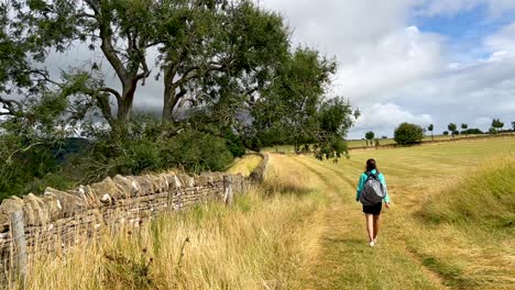 Niña-Caminando-Por-Un-Sendero-En-La-Ruta-Del-Camino-De-Cotswolds,-Un-Sendero-De-Larga-Distancia-En-Inglaterra