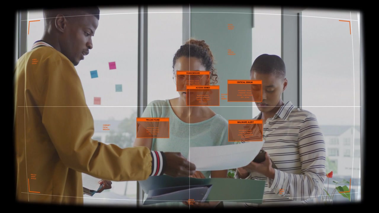 Left member handing page, center pointing, right checking phone, business team reviewing under HUD