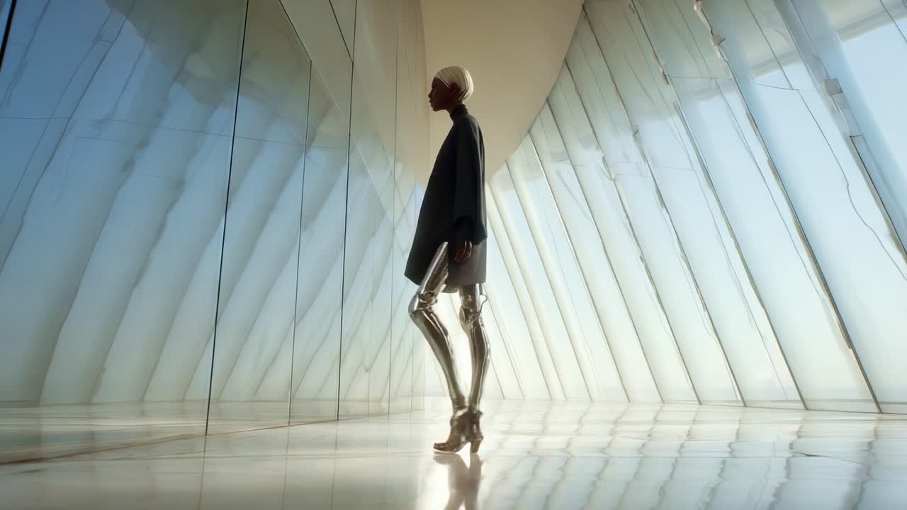 A humanoid figure with sleek metallic legs walks gracefully through a modern architectural space, illuminated by natural light creating a striking visual of innovation and elegance