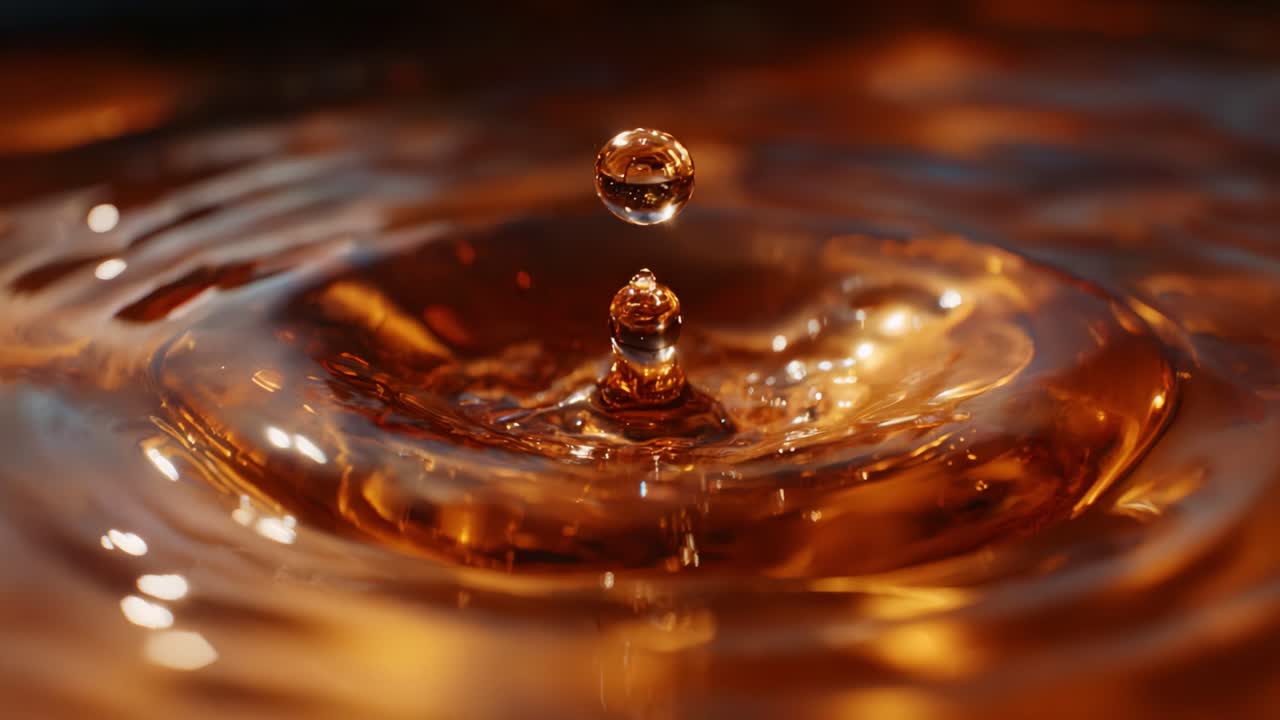 Captivating Liquid Dynamics: A Sequence of Droplet Interaction in a Vivid Amber Liquid Surface Captured in Two Stunning Frames of Water Chemistry
