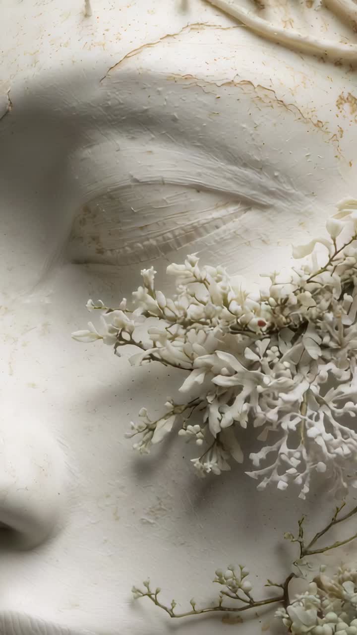 Vertical video: Panning camera revealing plaster face in studio to show white flowers and cracks