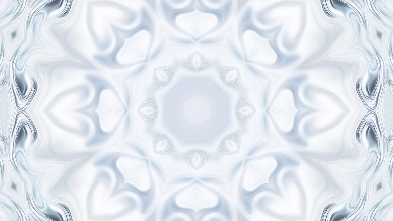 Glacial white kaleidoscope glowing with frosty fractal symmetry and soft flow