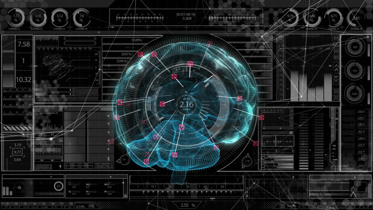 animación de un cerebro humano brillante con procesamiento de datos de interfaz digital