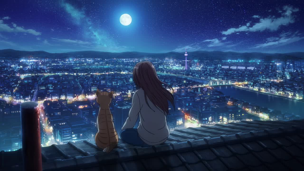 夜の街並みを空から捉えた、屋上で人と猫がたたずむアニメ風動画