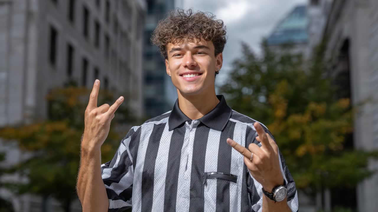 Un giovane uomo con capelli ricci e una camicia a righe, che mostra un'espressione allegra mentre posa con un gesto positivo in un ambiente urbano