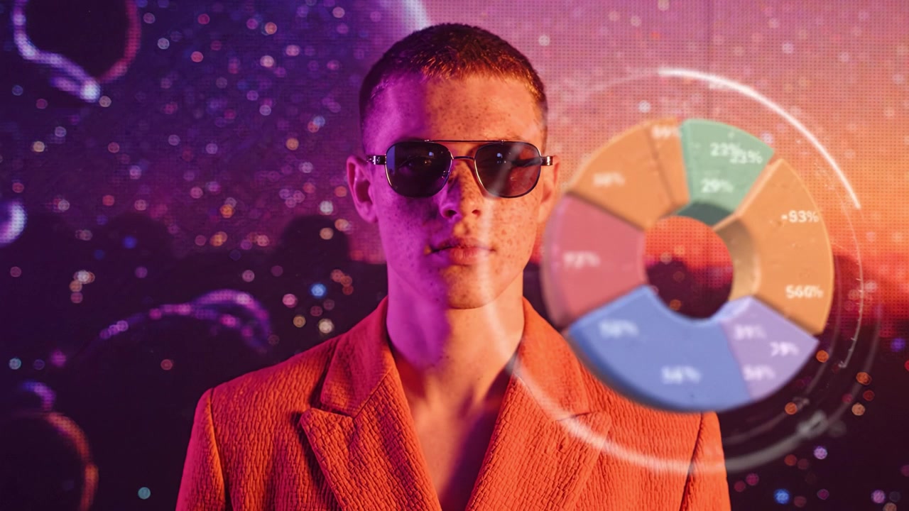 En selvsikker ung mann i stilige solbriller står mot en levende bakgrunn med fargerike datavisualiseringer, og utstråler en moderne og trendy estetikk.