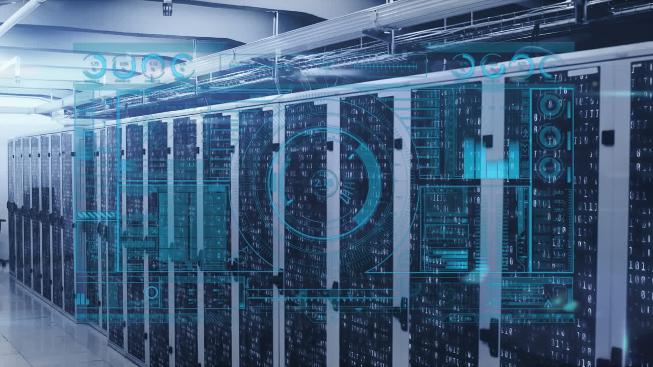 Animation of scope scanning and data processing over tech room with computer servers