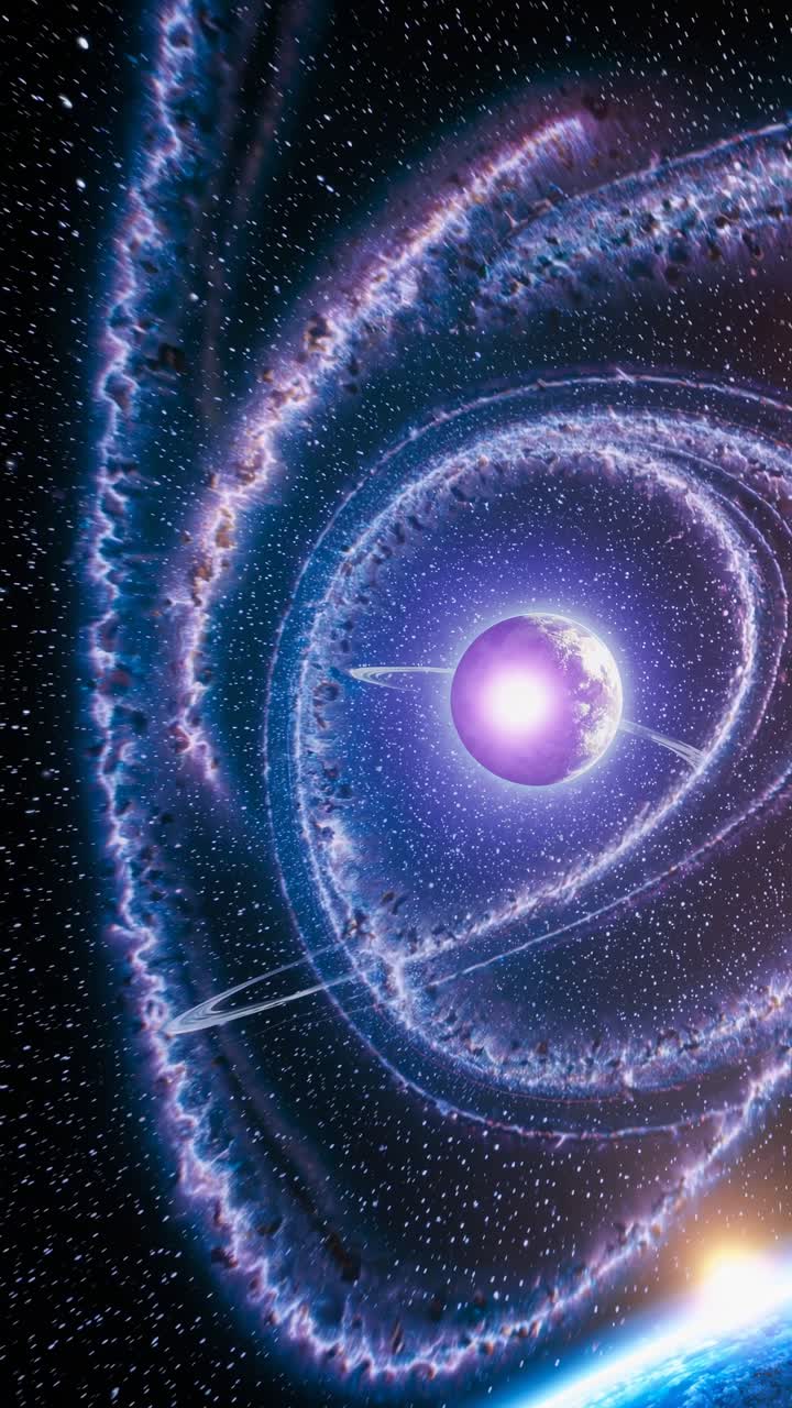 Un concept video cosmico con un wormhole che vortica attorno a un pianeta luminoso