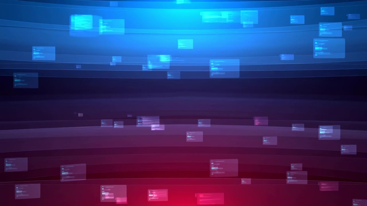 Translucent interface panels and scattered data shapes float over a dark futuristic background, lit by bright cyan above and deep magenta below for a sleek