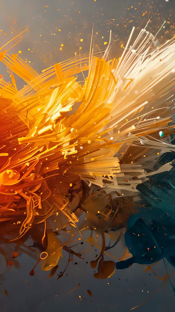 Vertical video: Bursting from pulse, paint mass fanning on gray canvas, emitting beads forming core