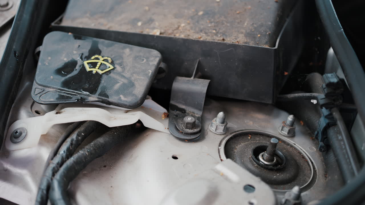 Close up of a car's windshield washer fluid cap with water droplets