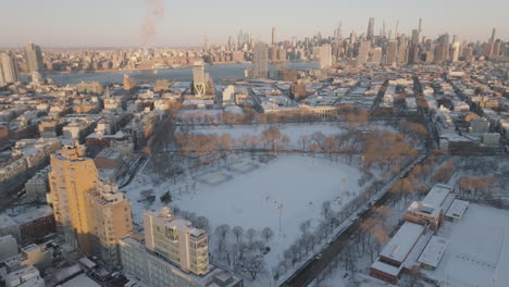 aerial view of mccarren park on a winter morning. shot in brooklyn, new york
