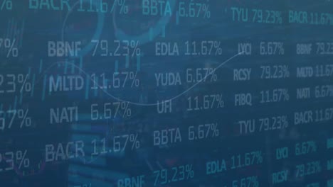 animation of statistical and stock market data processing against blue background