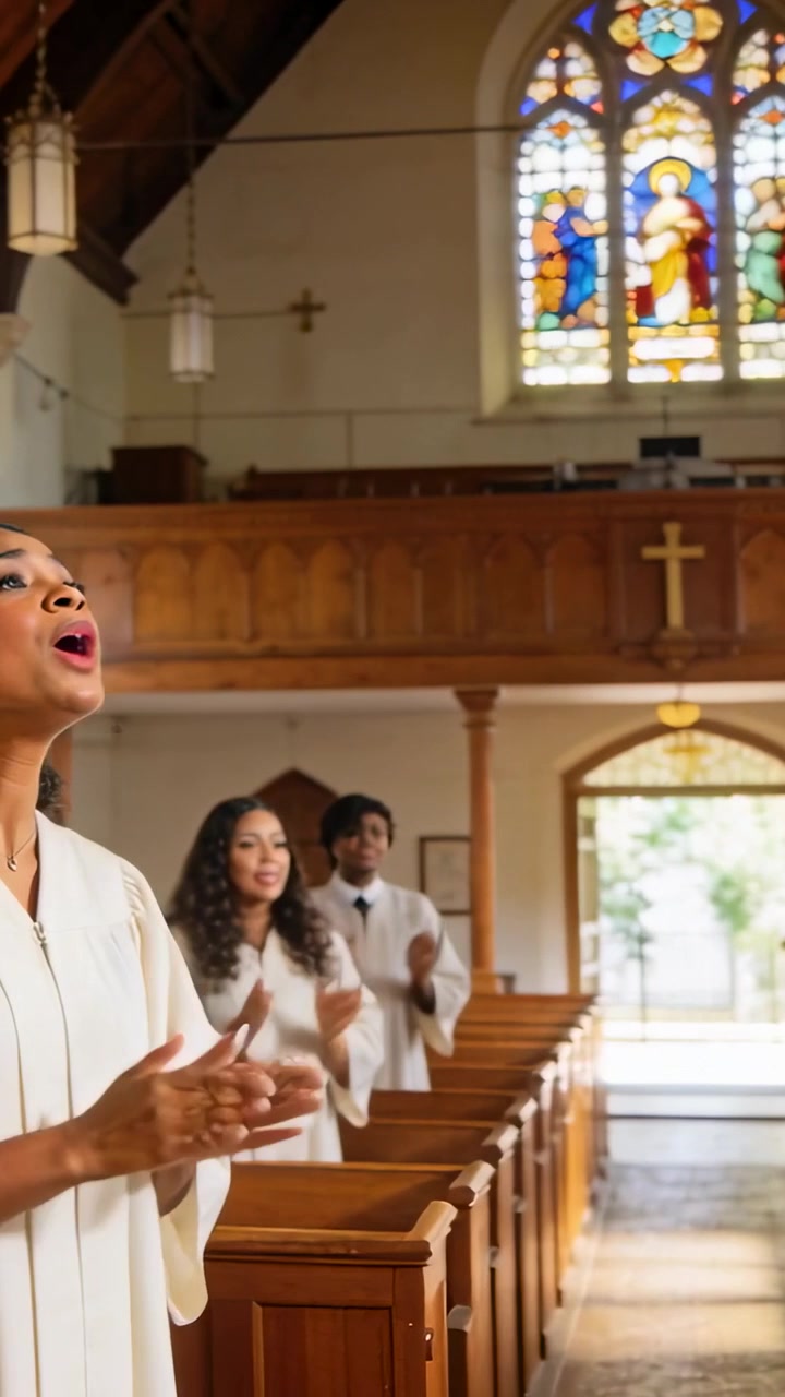 Vertical video: Singing woman in white robe raising hands under cross, door drawing lens