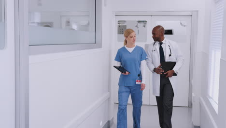 doctor in white coat and nurse in scrubs having discussion over digital tablet in hospital corridor