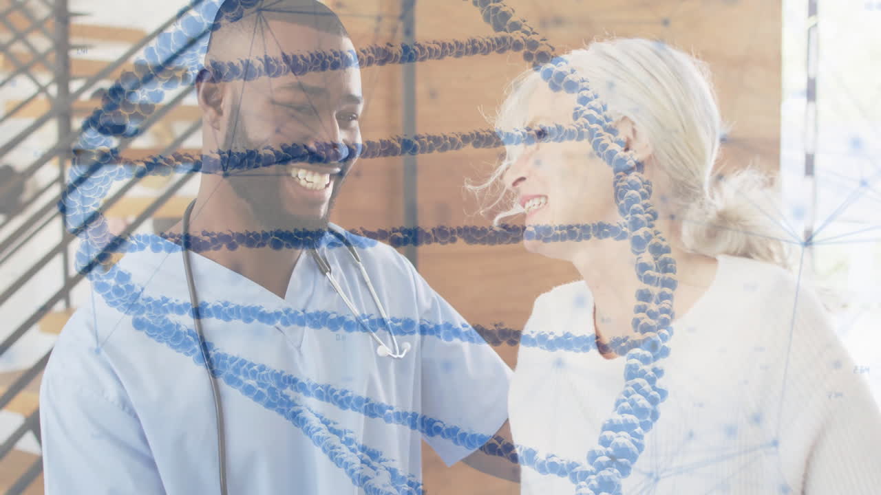 Animation of dna strand and network of connections over diverse male doctor and senior patient