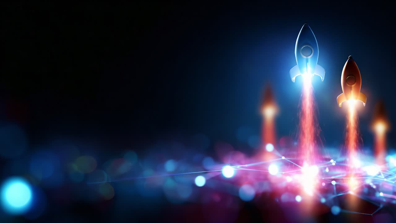 A vibrant depiction of futuristic rockets launching against a dark cosmic background, symbolizing innovation, exploration, and the rise of technology in a digital world