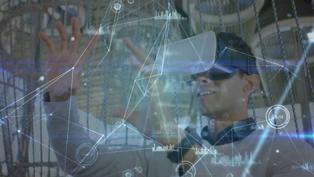 animación de la red de conexiones a través de un hombre de negocios usando auriculares vr