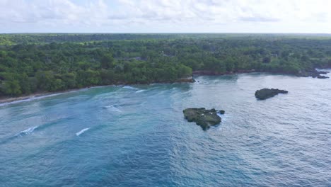 Aerial-View-Of-Turquoise-Beach-With-Dense-Forest-Trees-At-Playa-Virgen-In-Dominican-Republic