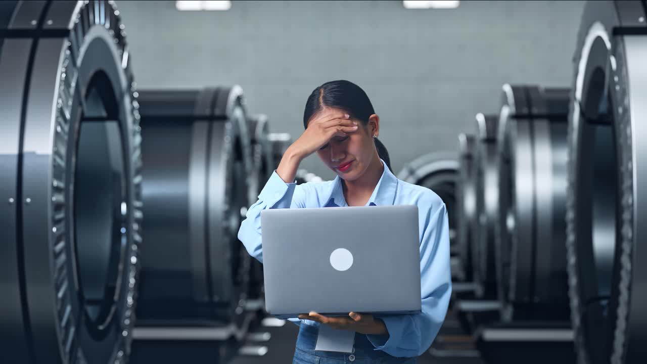 mujer estresada trabajando en una computadora portátil en una fábrica