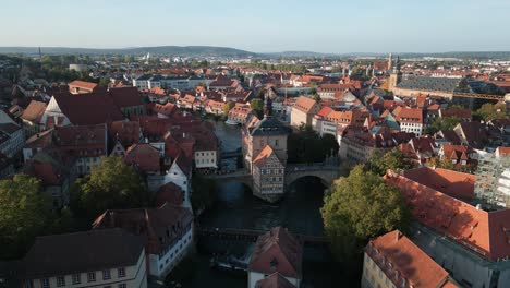 drone video from the front of the old townhall in bamberg