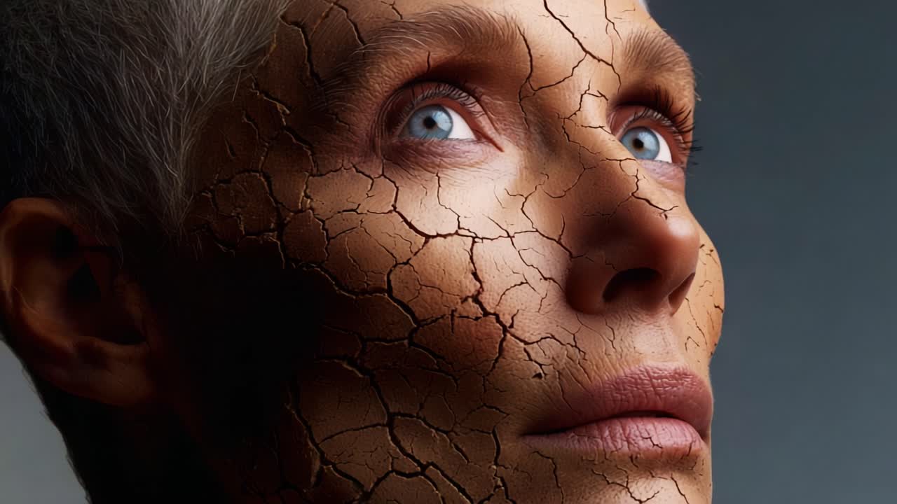 A striking depiction of a human face featuring cracked skin that resembles dry earth, conveying themes of aging, vulnerability, and the effects of environmental change on our appearance