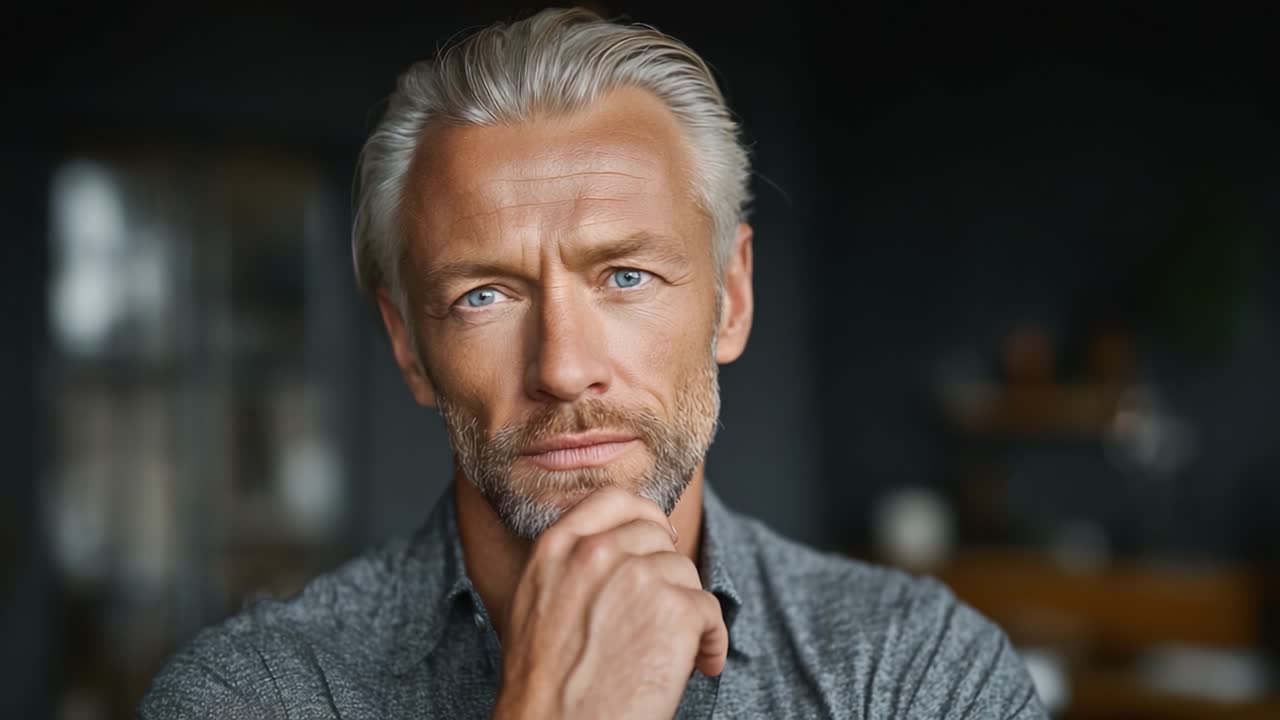 A contemplative and sophisticated adult man with silver hair and striking blue eyes thoughtfully gazes into the distance, showcasing his mature and reflective demeanor