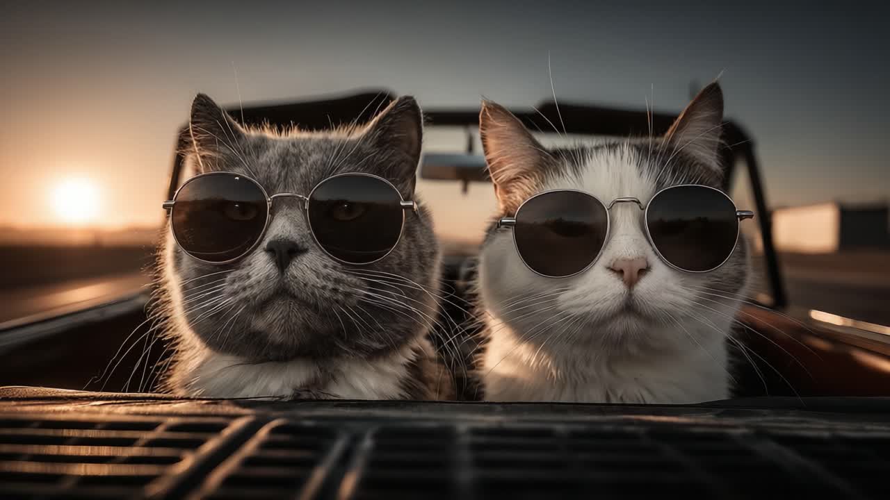 Gatti affascinanti con occhiali da sole si godono un giro panoramico al tramonto, catturando la perfetta combinazione di divertimento e stile nella loro avventura.