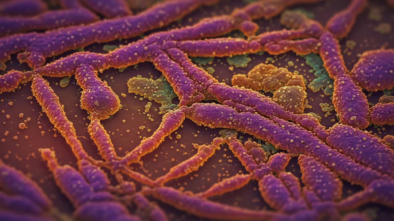 Detailed Microscopic View of Colorful Bacterial Structures Displaying Complex Patterns and Cellular Features Under High Magnification