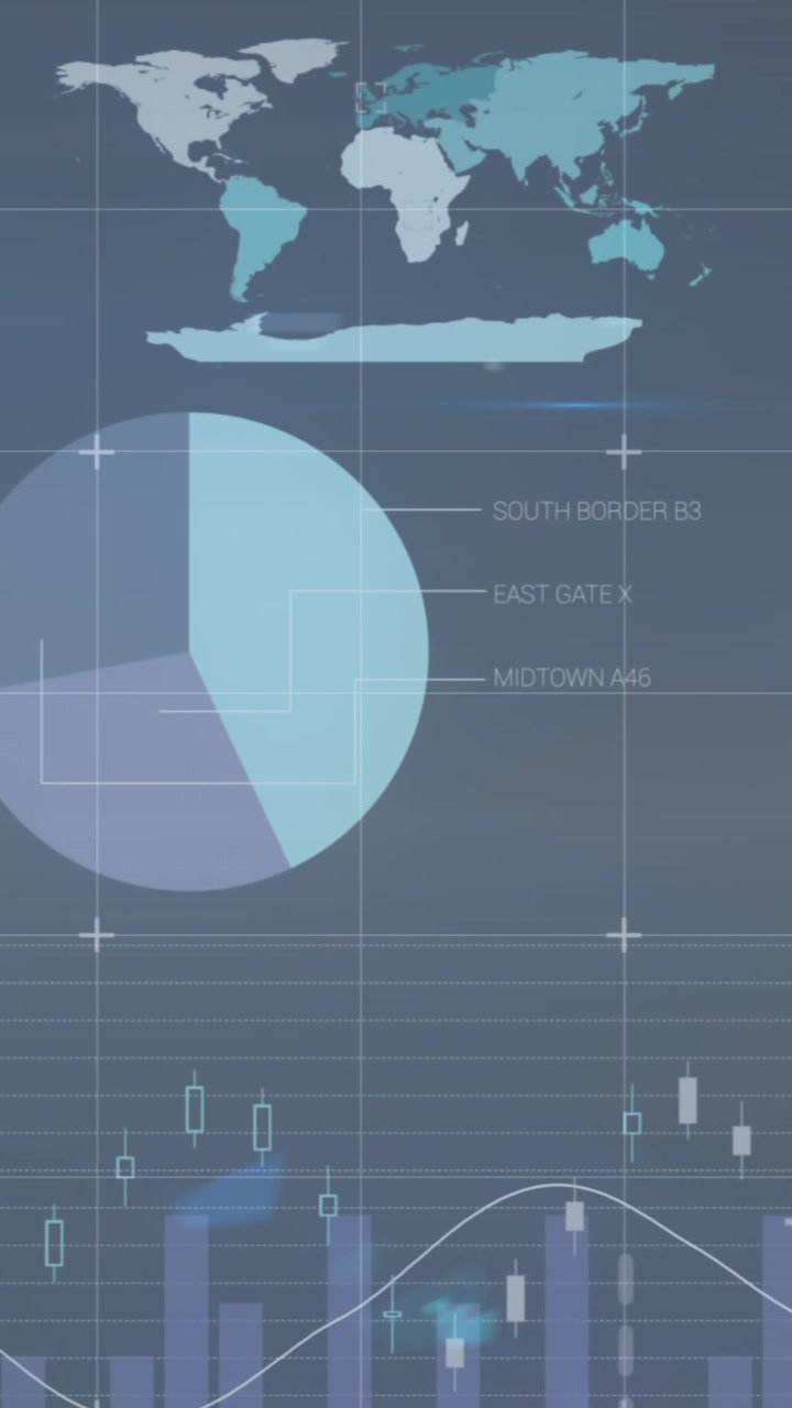 Animation of financial data processing over grid on grey background