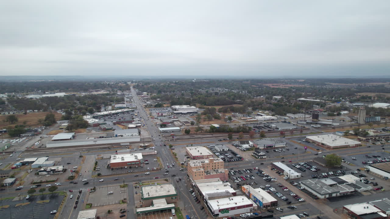 Wide angle view pulls back on Claremore, Oklahoma. Small town, USA along Route 66