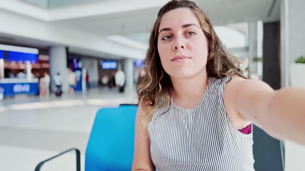 Turista felice che scatta un selfie in aeroporto