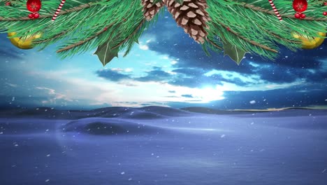 christmas wreath decoration over snow falling over winter landscape against blue sky