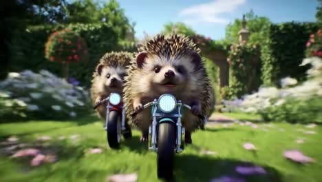 two adorable hedgehogs riding mini motorcycles through a lush garden filled with vibrant flowers and greenery, showcasing their playful spirit and adventurous nature